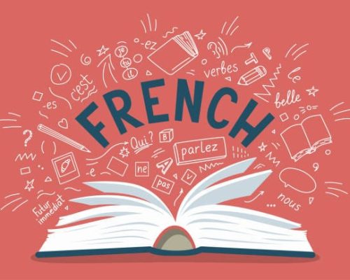 French. Open book with language hand drawn doodles and lettering. Language education vector illustration.