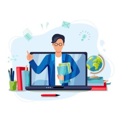Online education, home schooling concept. Male teacher on laptop screen. Vector illustration isolated on white background. Flat cartoon style design.