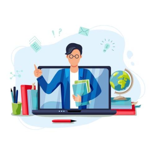 Online education, home schooling concept. Male teacher on laptop screen. Vector illustration isolated on white background. Flat cartoon style design.