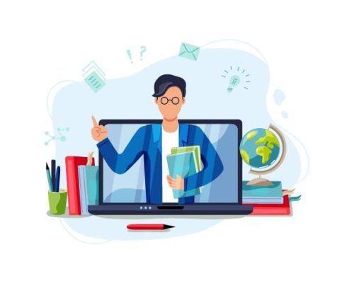 Online education, home schooling concept. Male teacher on laptop screen. Vector illustration isolated on white background. Flat cartoon style design.