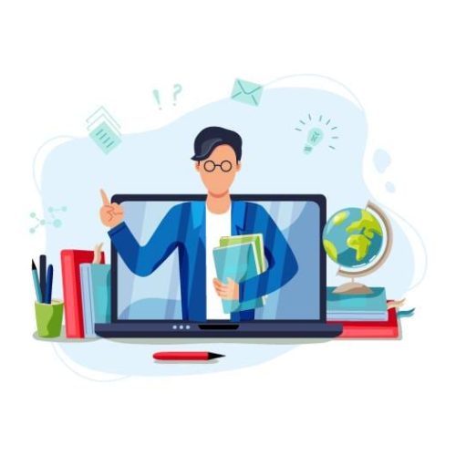 Online education, home schooling concept. Male teacher on laptop screen. Vector illustration isolated on white background. Flat cartoon style design.