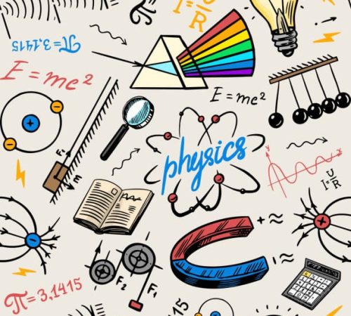 Physics or education Seamless pattern. Icons and formulas background. Atomic nuclear experiments. spectrum. School poster or Science banner. Hand drawn doodle symbols. Spectrum, Magnetism, Mechanics