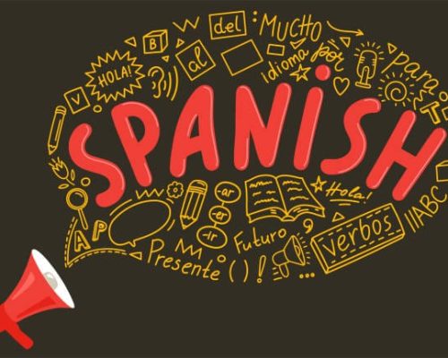 Spanish. Megaphone with language hand drawn doodles and lettering. Translation: Present, Spanish, hello, language, Future, a lot, for, verbs