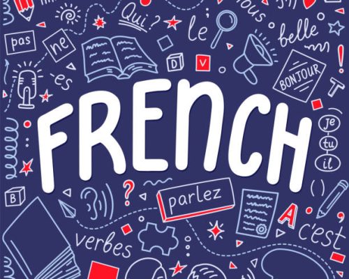 French. Language education hand drawn doodles and lettering. Parlez, qui, nous, ne, pas, verbes, c'est, je, tu, il, belle, Futur immédiat, bonjour Translate: speak, who, we, do not, verbs, it is, I, you, he, beautiful, Future Simple,Hello