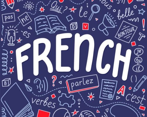 French. Language education hand drawn doodles and lettering. Parlez, qui, nous, ne, pas, verbes, c'est, je, tu, il, belle, Futur immédiat, bonjour Translate: speak, who, we, do not, verbs, it is, I, you, he, beautiful, Future Simple,Hello